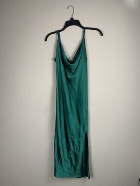 Justify Dress Womens Size Large Green Cowl Neck Midi Satin Spaghetti Strap